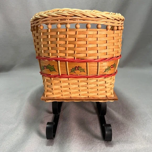 Handwoven Sleigh Basket Hand Painted Holly Band Cozy Cottage Holiday Decor - Picture 4 of 12